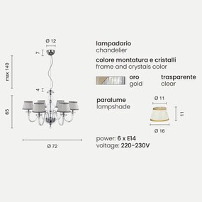 Lampada a sospensione BACH con paralume in vetro trasparente 6 LUCI ORO