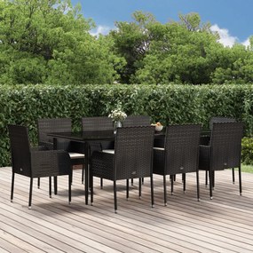 Set da pranzo da giardino 9 pz con cuscini nero in polyrattan