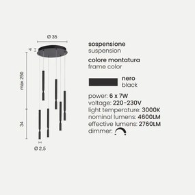 Lampada a sospensione LED a 6 Luci in metallo verniciato 35 cm Nero TUBIC