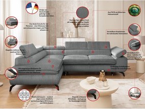 Divano angolare grigio (con penisola a sinistra/a L) con rivestimento in velluto a coste Marbeya – Ropez