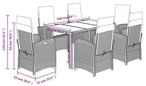 Set da Pranzo da Giardino 7 pz con Cuscini in Polyrattan Grigio