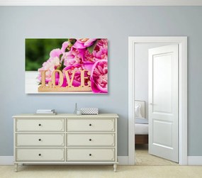 Quadro su tela – Peonie con scritta Love