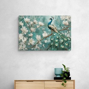 Quadro su tela – Pavone circondato da fiori bianchi