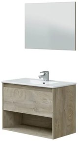 Mobile Bagno Sospeso 80 cm Vano Aperto Lavabo Specchio E Colonna Rovere Alaska VAN