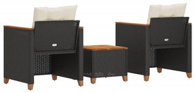 Set da bistrò 3 pz con cuscini nero polyrattan e legno acacia