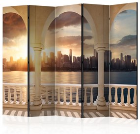 Paravento Sogno di New York II - skyline di grattacieli al tramonto
