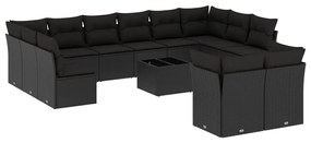 Set divani da giardino 13pz con cuscini nero in polyrattan