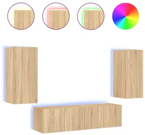 Mobili tv a muro con led 4pz rovere sonoma legno multistrato
