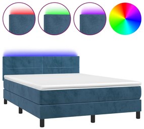 Letto a Molle con Materasso e LED Blu Scuro 140x190 cm