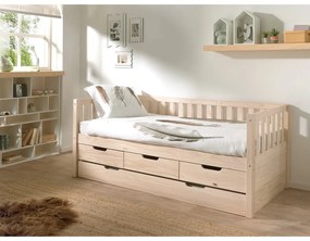 Letto da bambini estraibile di colore naturale in pino massiccio con contenitore con rete inclusa 90x200 cm Fritz – Vipack