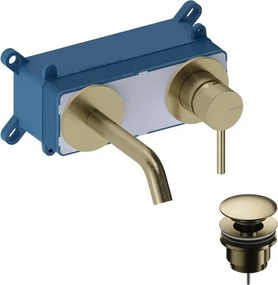 Rubinetto per lavabo Loop monocomando a parete per lavabo bocca 14cm + corpo incasso + piletta di scarico brushed gold