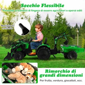 Costway Trattore elettrico da 12 V per bambini con telecomando, Escavatore giocattolo con rimorchio e benna da pala Verde/Giallo