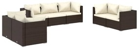 Set divani da giardino 7 pz con cuscini in polyrattan marrone