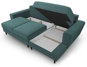 Divano angolare color petrolio allungabile e con contenitore (con penisola a destra/con chaise lounge) con rivestimento in velluto Kyoto – Cosmopolitan Design