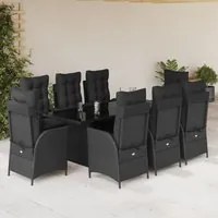 Set da Pranzo da Giardino 9 pz con Cuscini Nero in Polyrattan 3213116