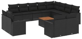 Set divani da giardino 13pz con cuscini nero in polyrattan