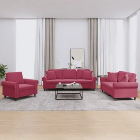 Set Di Divani 3 Pz Con Cuscini Rosso Vino İn Velluto /