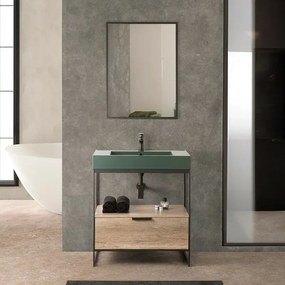 Mobile bagno a terra 75 cm nero con lavabo verde e specchio Kubic