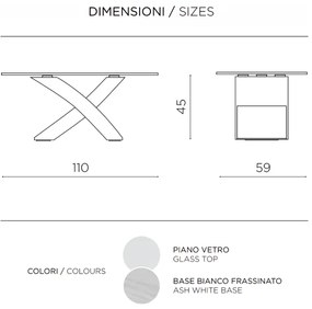 Tavolino piano in vetro ovale TITO con base color BIANCO FRASSINO