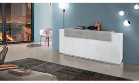 Credenza Moderna A 4 Ante 200x45x85,5 Bianco Lucido/Effetto Cemento Corona