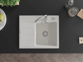 Mexen Ben lavello in granito 1-vasca con sgocciolatoio, destro 600 x 500 mm, bianco, sifone cromato - 6523605000-20
