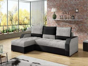 Divano letto matrimoniale angolare Coventry - ecopelle nero + tessuto grigio chiaro grezzo