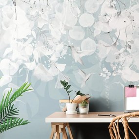 Carta da parati – Foglie con Colibrì in Blu-Grigio