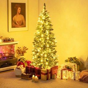 Costway Albero di Natale sottile con 200/250 luci LED supporto in metallo pieghevole, Albero Natale artificiale 2 Dimensioni
