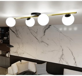 Plafoniera Contemporanea 4 Luci Eracle In Acciaio Oro/Nero E Sfere Vetro Bianco
