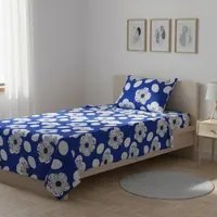 Completo letto singolo blu fiori bianchi