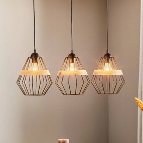 Eko-Light Lampada a sospensione Cliff, tre paralumi a gabbia con nastro in legno