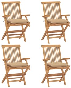 Sedie da giardino con cuscini beige 4 pz legno massello di teak