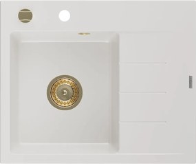 Mexen Ben lavello in granito 1-vasca con sgocciolatoio, sinistro 600 x 500 mm, bianco, sifone dorato - 6522605000-20-G