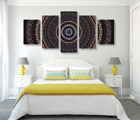 Quadri 5 pezzi – Mandala con motivo del sole in sfumature di viola