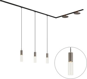 Sistema di illuminazione a binario moderno nero con 3 luci a sospensione e 2 plafoniere color canna di fucile monofase - Iconic Lloyd Pulley