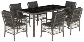 Set da pranzo da giardino 7 pz con cuscini in polyrattan grigio