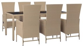 Set da pranzo da giardino 7 pz con cuscini beige in polyrattan