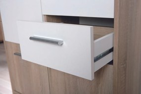 Credenza 5 cassetti in laminato rovere e bianco