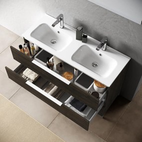 Mobile Bagno 120cm a Terra Con Lavabo doppia Vasca, Tre Cassetti e Specchio