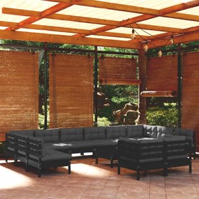 Set divani da giardino 13 pz con cuscini neri in legno di pino