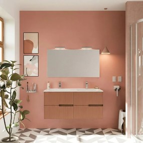 Mobile bagno Eva 120 cm, completo di lavabo in ceramica con due vasche e specchio a filo con Led, 2 cassetti rovere Moka e mattone cannettat