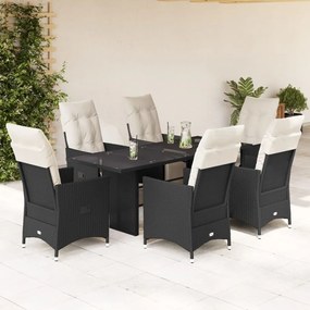 Set da pranzo da giardino 7 pz nero con cuscini in polyrattan