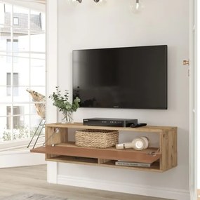 Mobile Tv Sospeso 100x32x30 2 Vani Effetto Legno Rovere E Rosso Frame