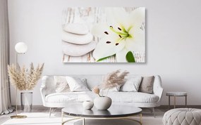 Quadro su tela – Giglio e pietre da massaggio in bianco