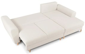 Divano angolare beige allungabile e con contenitore (con penisola a destra/con chaise lounge) con rivestimento in bouclé Kyoto – Cosmopolitan Design