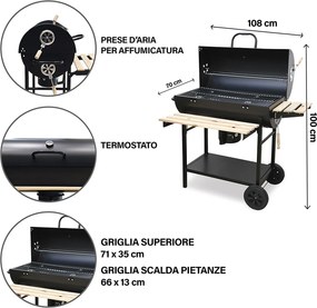 Barbecue a Carbone Carbonella 108x70x100 cm con Coperchio Ruote e Ripiani in Legno Nero...