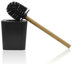 Porta scopino bagno nero opaco con manico ergonomico in bambù