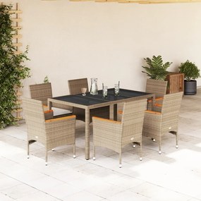 Set da pranzo da giardino 7 pz con cuscini polyrattan e vetro