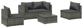 Set Divani da Giardino 5 pz con Cuscini in Polyrattan Grigio