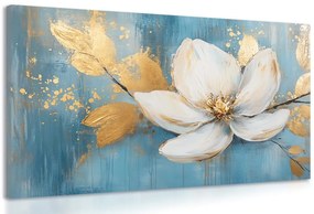 Quadro su tela – Fiore bianco con foglie dorate